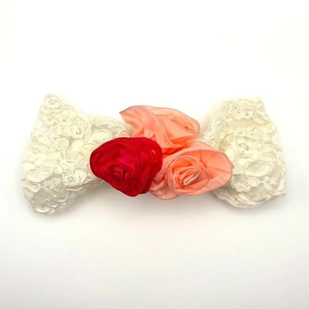 Vintage Made in France Pink Peach Rose Floral Lace Hair Clip Barrette Accessory